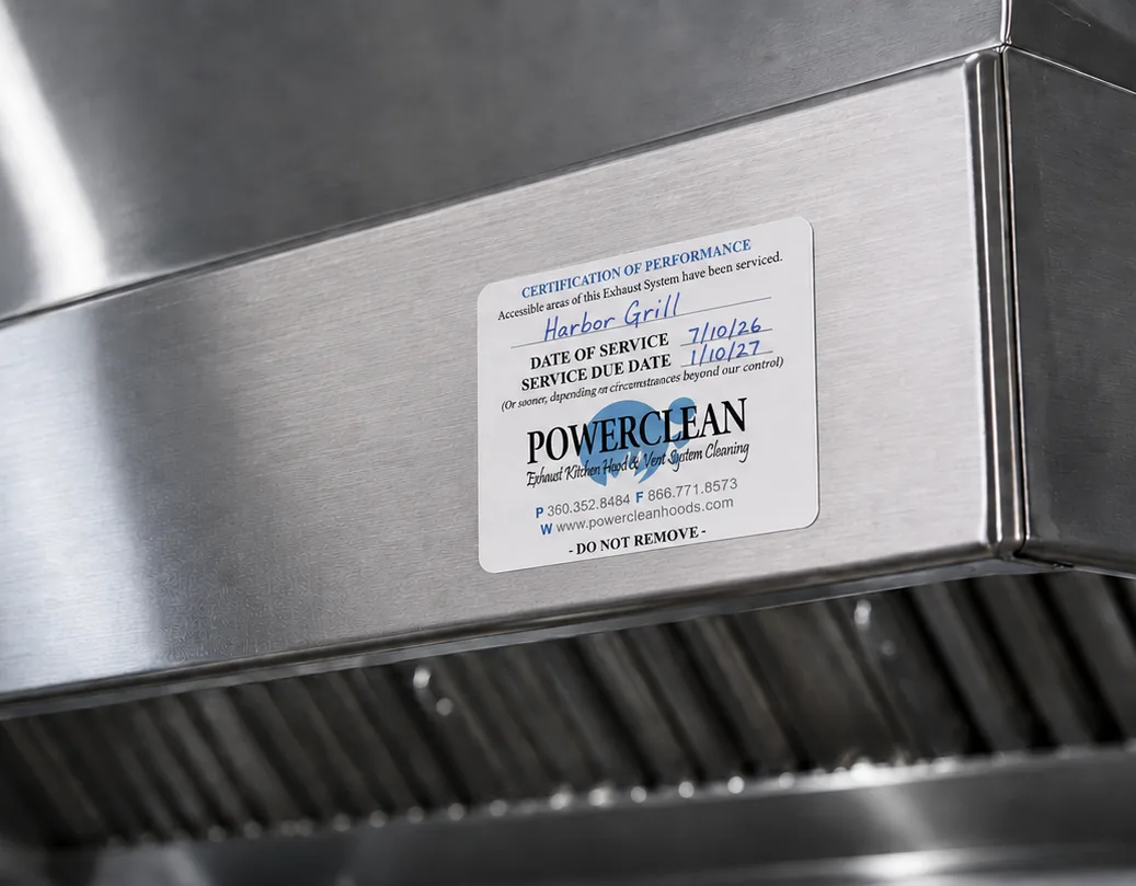 PowerClean Certification of Performance sticker on a commercial kitchen hood