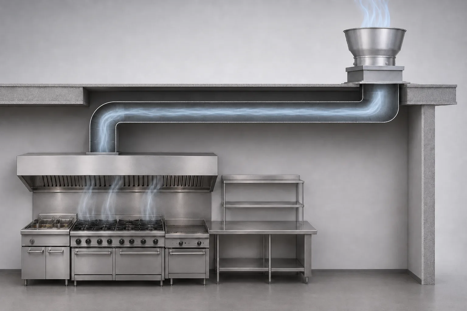 Cutaway diagram of a commercial kitchen exhaust system: hood, baffle filters, plenum, duct, and upblast exhaust fan