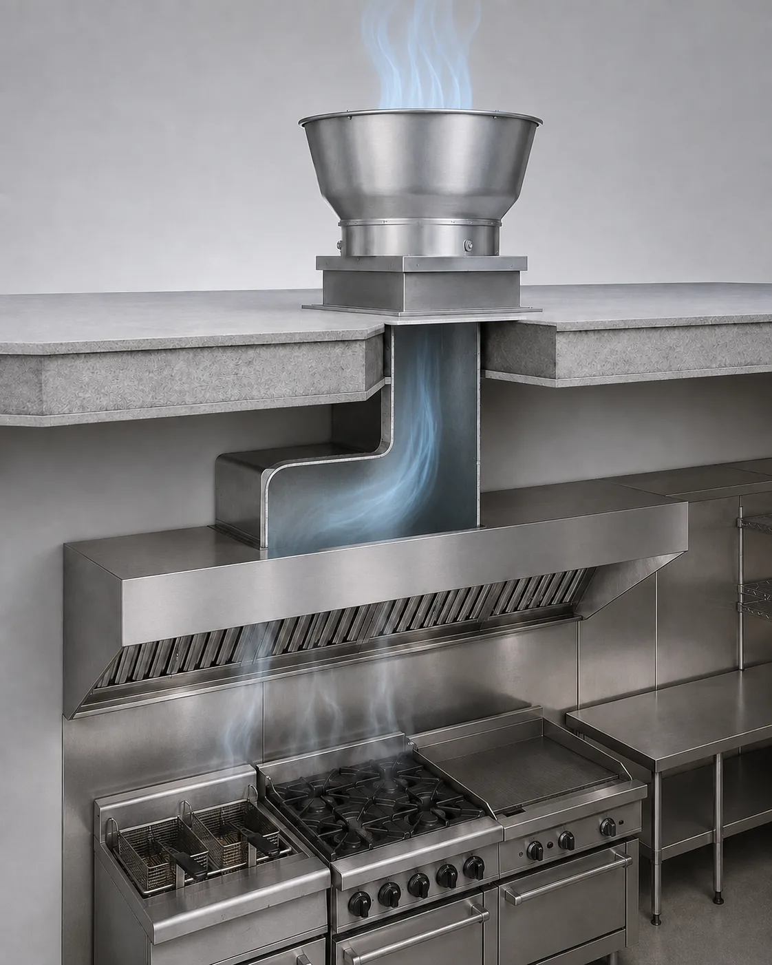 Vertical cutaway of a kitchen exhaust system from hood to rooftop exhaust fan