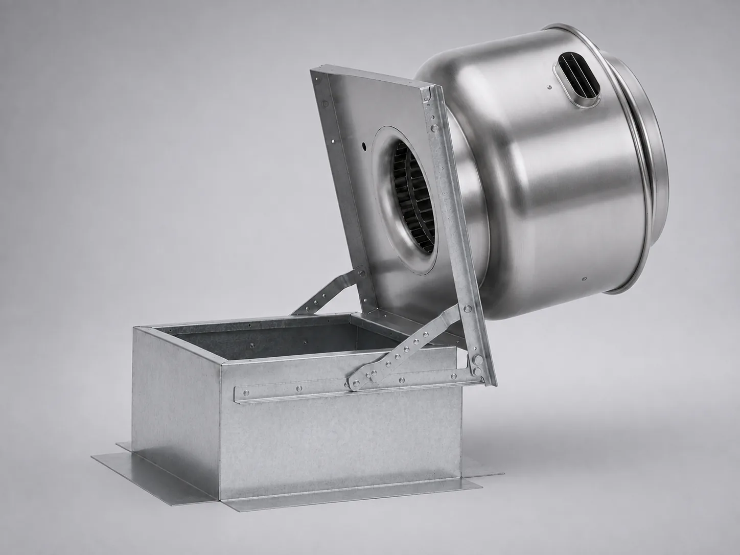 Rooftop upblast exhaust fan tipped open for access to the fan wheel