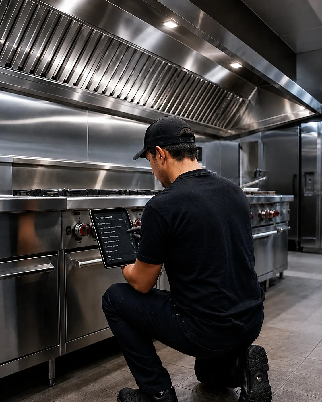 Technician kneeling beneath a clean stainless commercial kitchen hood, completing the service checklist on a tablet