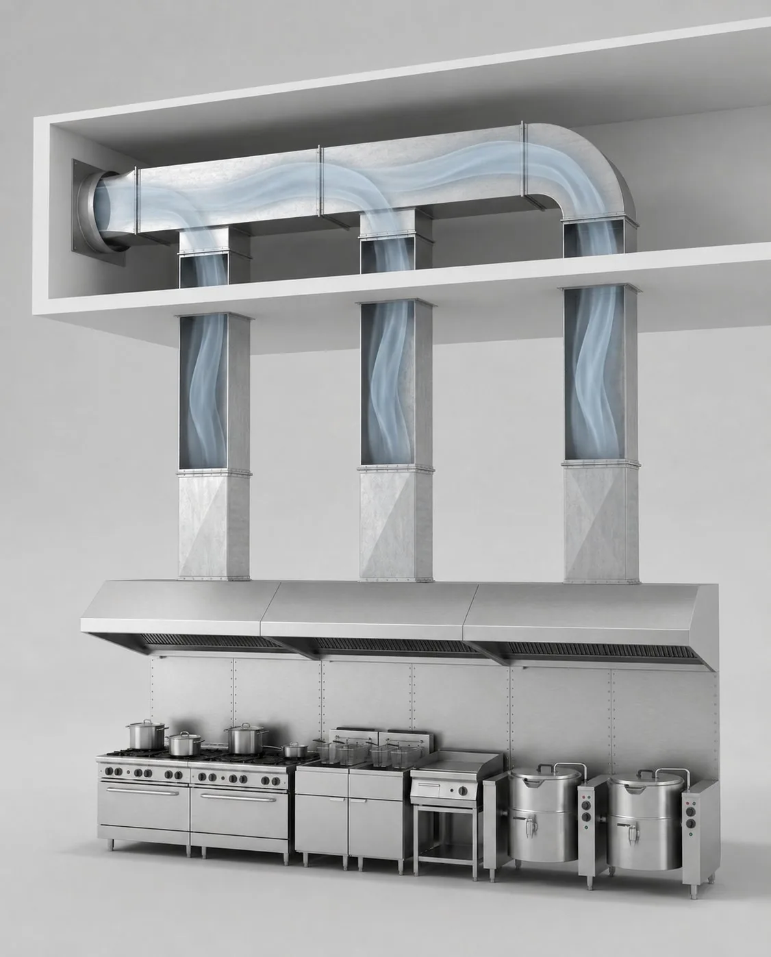 Cutaway illustration of an institutional kitchen cooking line with three stainless steel exhaust hoods, each duct rising to join a single main duct that exits the building