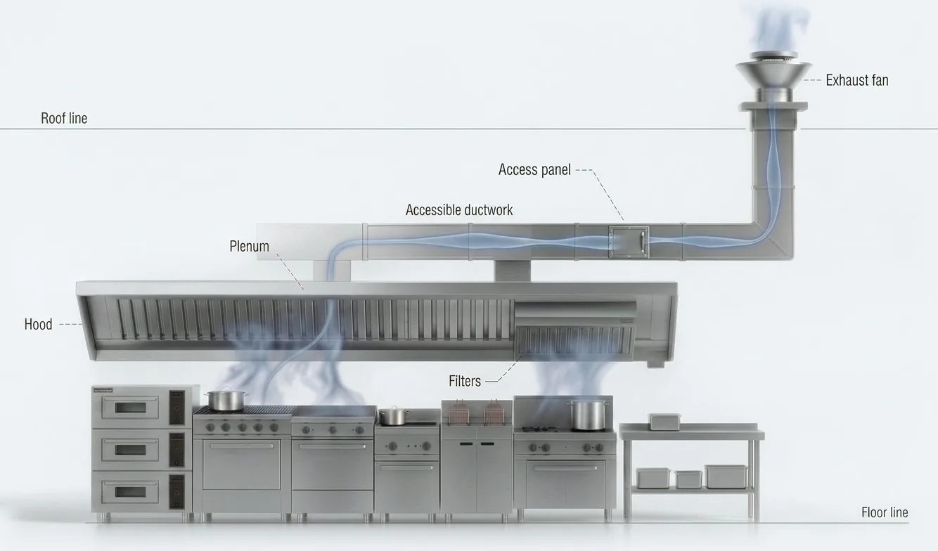 Illustration of a complete commercial kitchen exhaust system: a cooking line with deck ovens, ranges, griddle, fryers, and charbroiler beneath a stainless hood with baffle filters. Blue vapor rises through the filters into the plenum, travels along the accessible ductwork past a labeled access panel, and exits through the upblast exhaust fan above the roof line.