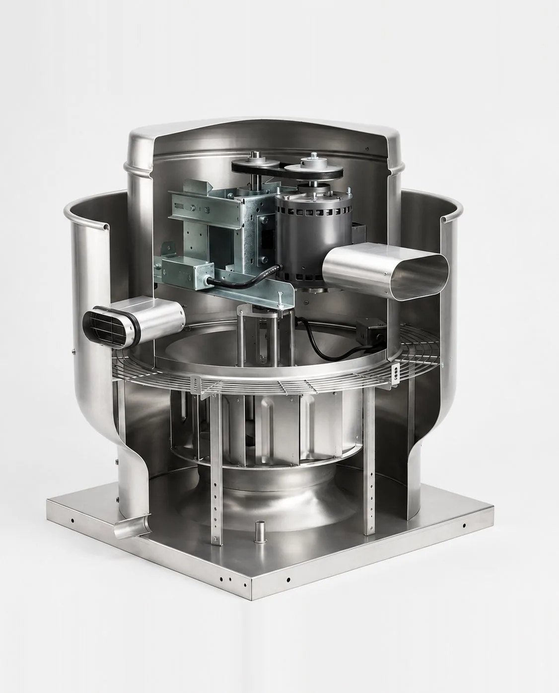 Studio cutaway photograph of a rooftop upblast exhaust fan: the stainless bowl is opened to show the belt-driven motor in its compartment above the centrifugal fan wheel, with the wheel guard and square mounting base visible below.